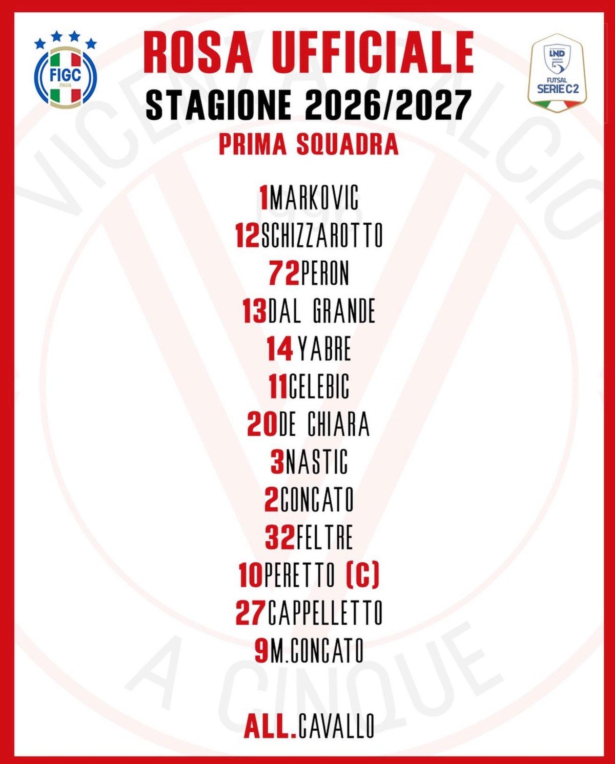 Rosa Ufficiale Stagione 2026/2027 — Vicenza Calcio a Cinque